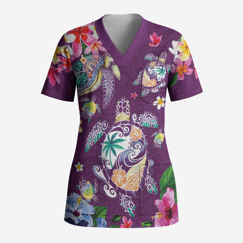 Hawaiian Turtles and Tropical Plants Scrub Top Purple Watercolor