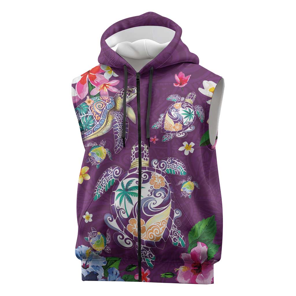 Hawaiian Turtles and Tropical Plants Sleeveless Zip Hoodie Purple Watercolor