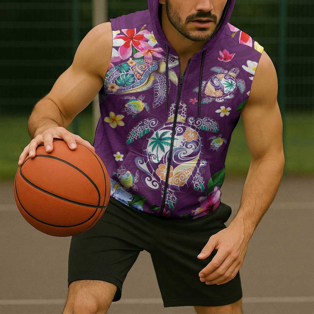 Hawaiian Turtles and Tropical Plants Sleeveless Zip Hoodie Purple Watercolor