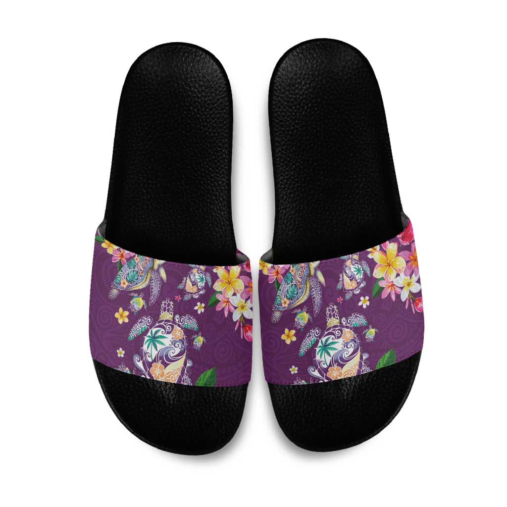Hawaiian Turtles and Tropical Plants Slide Sandals Purple Watercolor