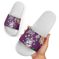 Hawaiian Turtles and Tropical Plants Slide Sandals Purple Watercolor