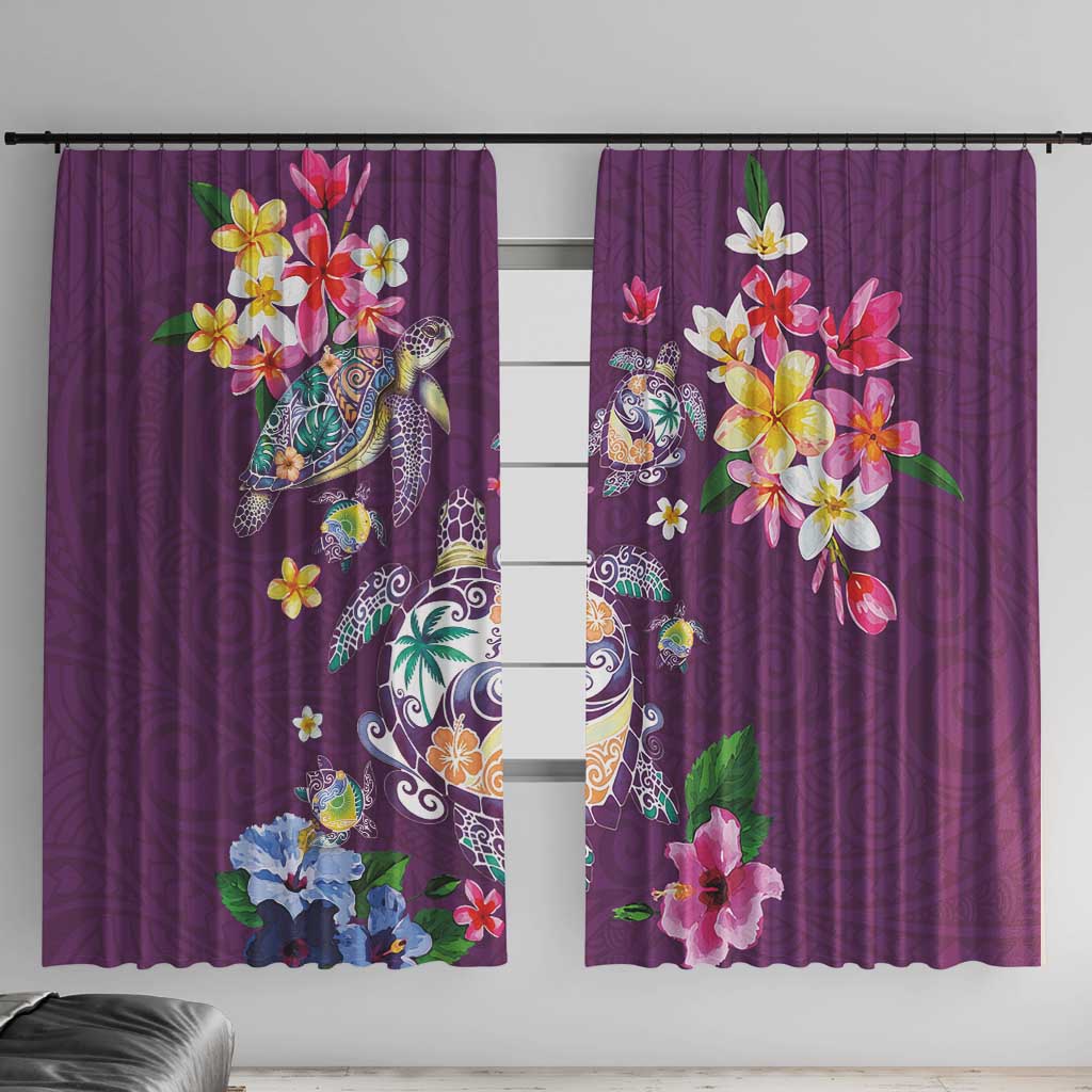 Hawaiian Turtles and Tropical Plants Window Curtain Purple Watercolor