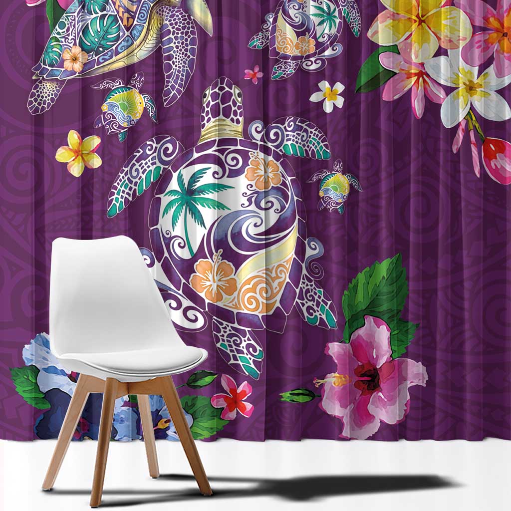 Hawaiian Turtles and Tropical Plants Window Curtain Purple Watercolor