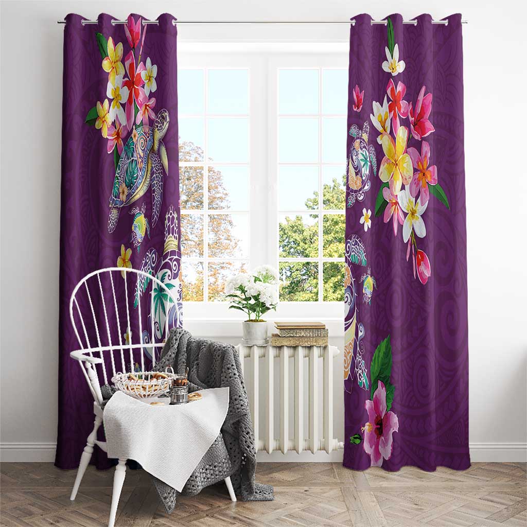Hawaiian Turtles and Tropical Plants Window Curtain Purple Watercolor