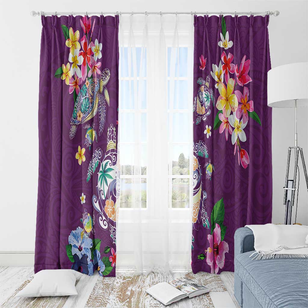 Hawaiian Turtles and Tropical Plants Window Curtain Purple Watercolor