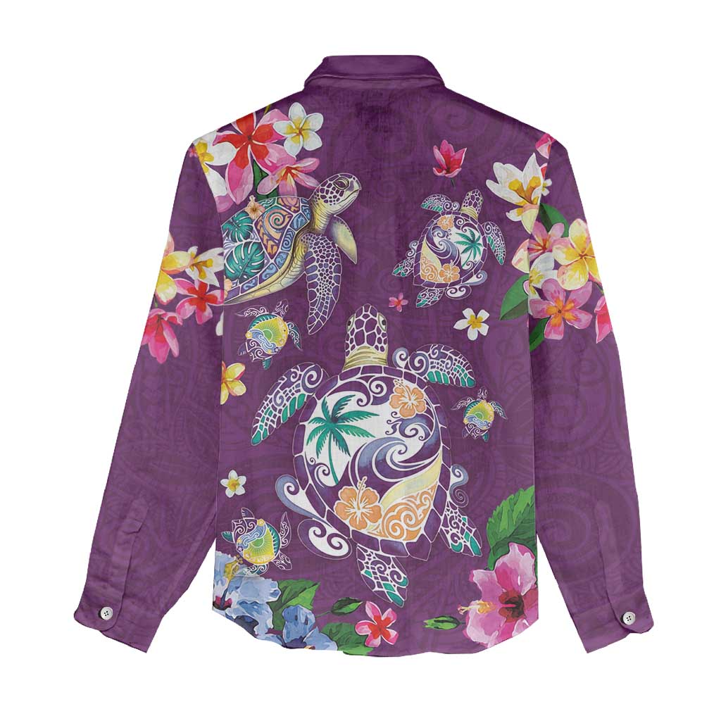 Hawaiian Turtles and Tropical Plants Women Casual Shirt Purple Watercolor