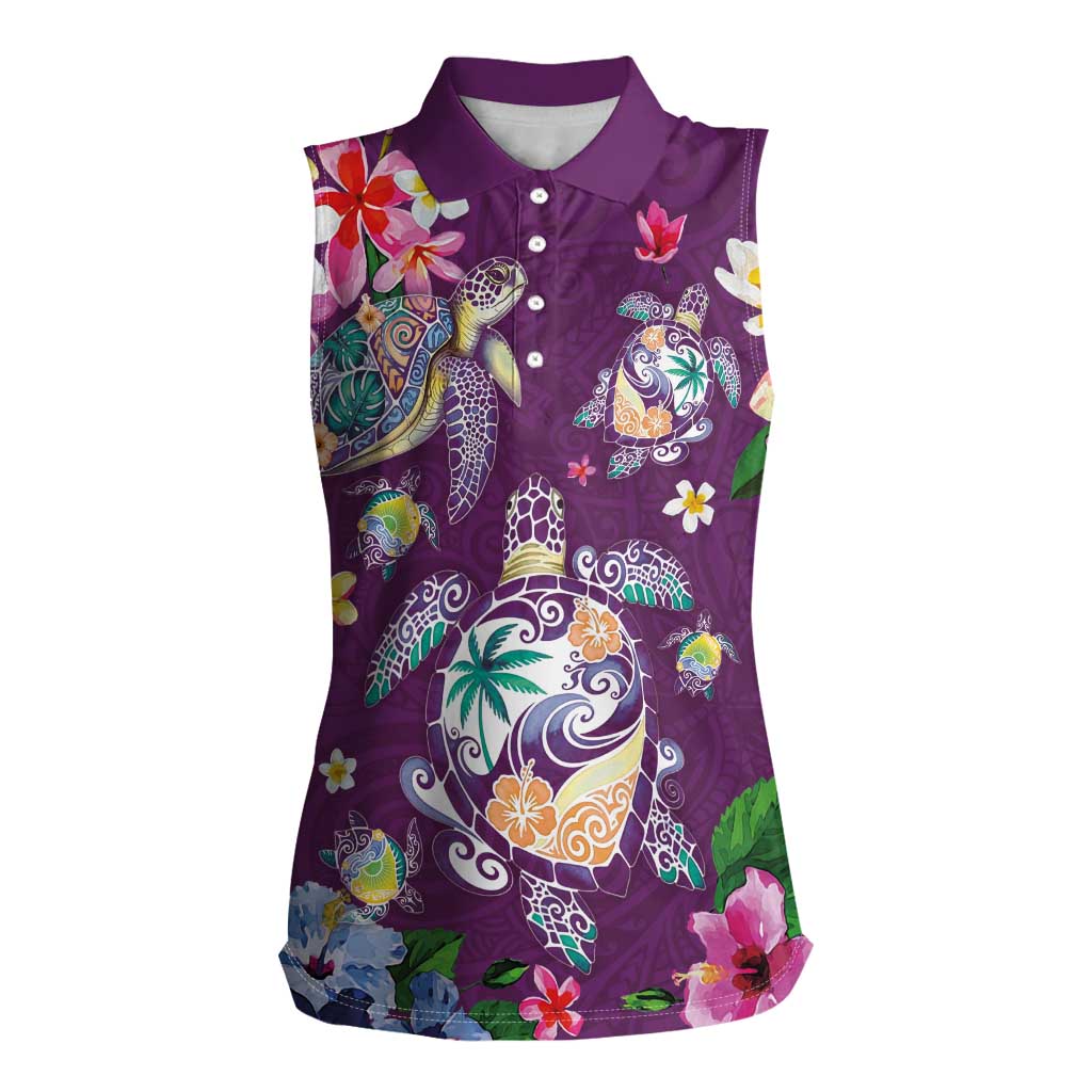 Hawaiian Turtles and Tropical Plants Women Sleeveless Polo Shirt Purple Watercolor LT03 Female Purple - Polynesian Pride
