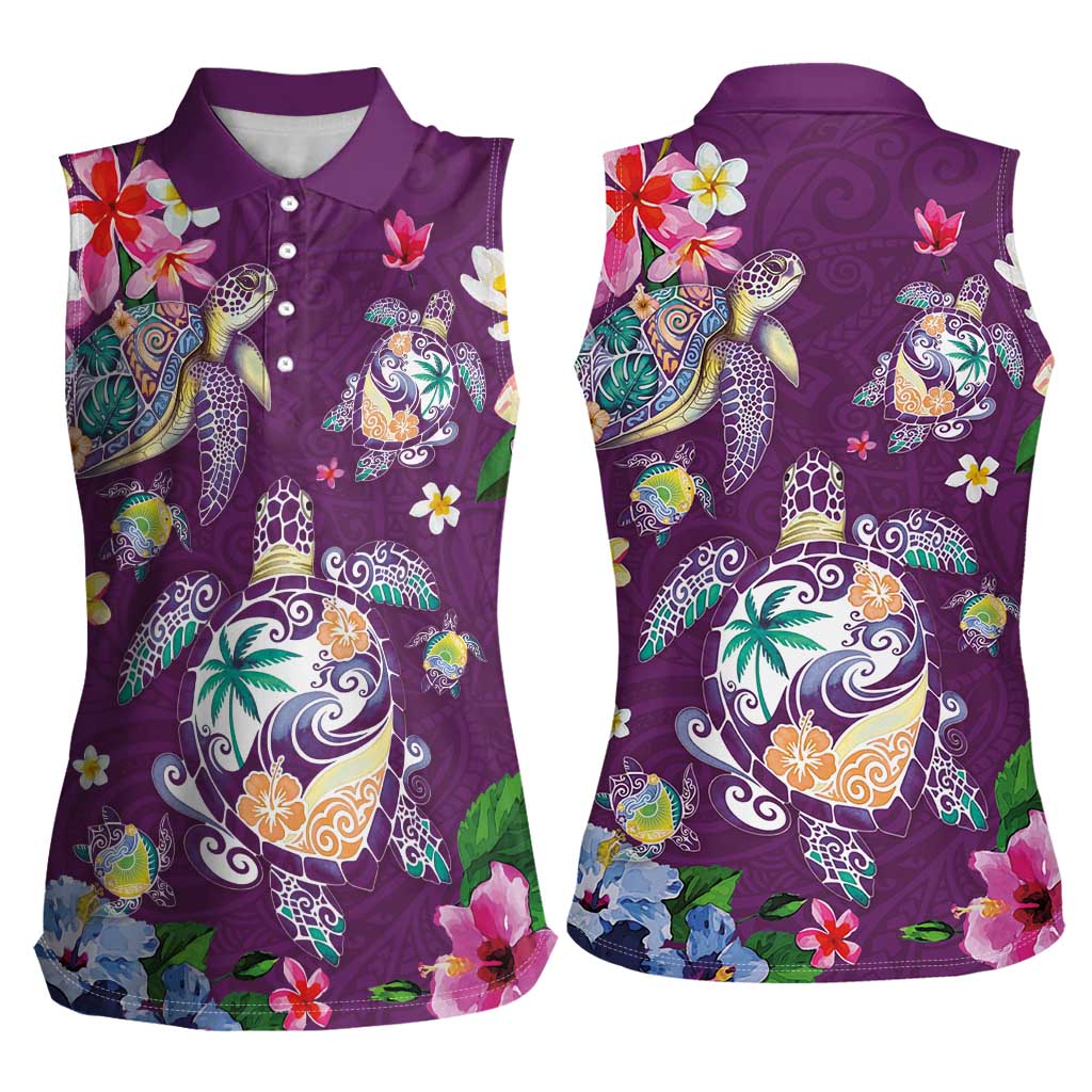 Hawaiian Turtles and Tropical Plants Women Sleeveless Polo Shirt Purple Watercolor LT03 - Polynesian Pride
