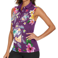Hawaiian Turtles and Tropical Plants Women Sleeveless Polo Shirt Purple Watercolor LT03 - Polynesian Pride