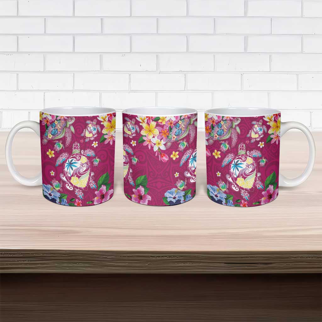 Hawaiian Turtles and Tropical Plants Ceramic Mug Pink Watercolor