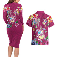 Hawaiian Turtles and Tropical Plants Couples Matching Long Sleeve Bodycon Dress and Hawaiian Shirt Pink Watercolor LT03 - Polynesian Pride