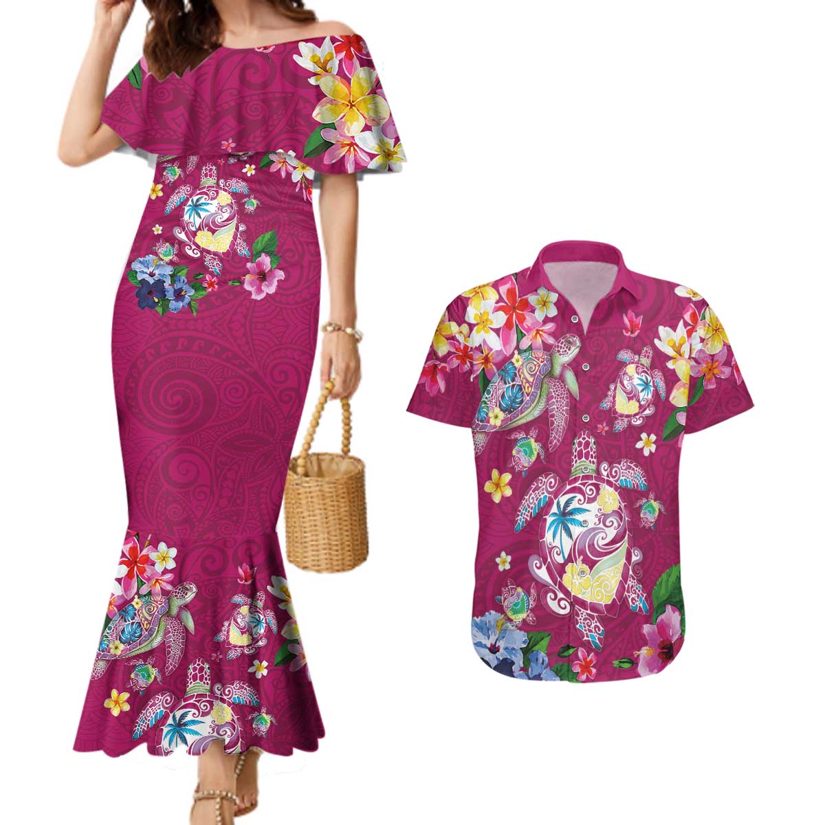 Hawaiian Turtles and Tropical Plants Couples Matching Mermaid Dress and Hawaiian Shirt Pink Watercolor LT03 Pink - Polynesian Pride