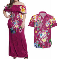 Hawaiian Turtles and Tropical Plants Couples Matching Off Shoulder Maxi Dress and Hawaiian Shirt Pink Watercolor LT03 Pink - Polynesian Pride