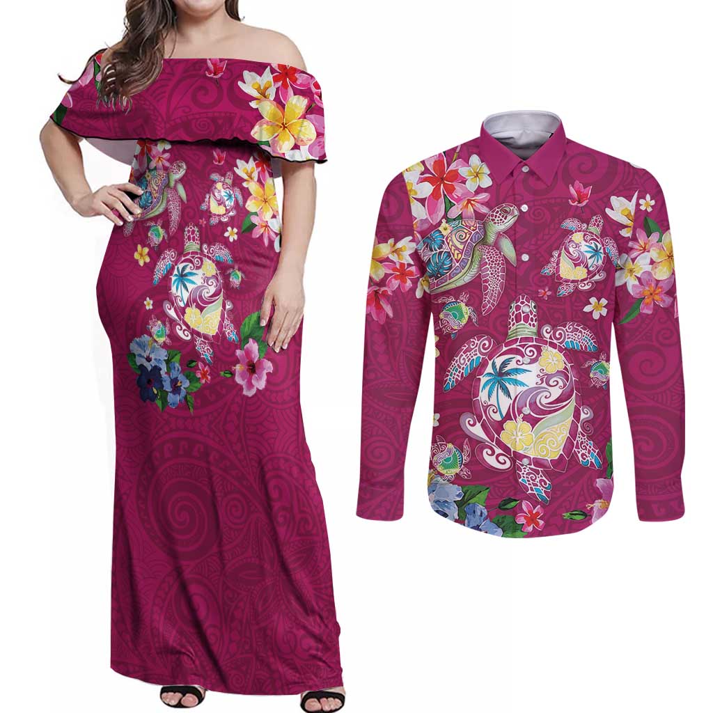 Hawaiian Turtles and Tropical Plants Couples Matching Off Shoulder Maxi Dress and Long Sleeve Button Shirt Pink Watercolor