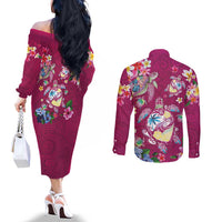 Hawaiian Turtles and Tropical Plants Couples Matching Off The Shoulder Long Sleeve Dress and Long Sleeve Button Shirt Pink Watercolor LT03 - Polynesian Pride