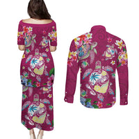 Hawaiian Turtles and Tropical Plants Couples Matching Puletasi and Long Sleeve Button Shirt Pink Watercolor