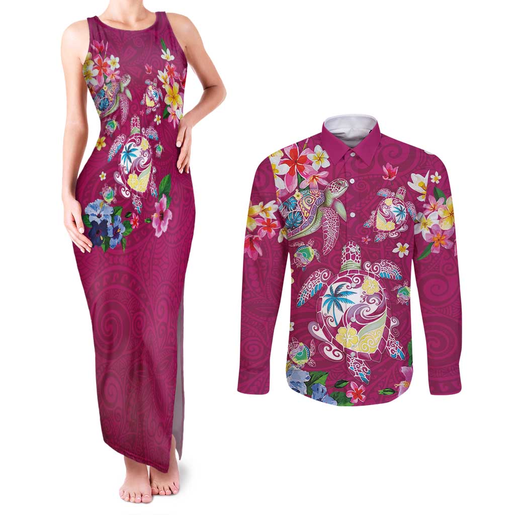 Hawaiian Turtles and Tropical Plants Couples Matching Tank Maxi Dress and Long Sleeve Button Shirt Pink Watercolor