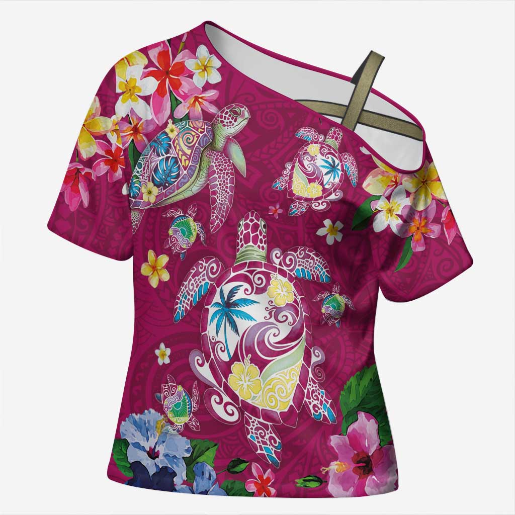 Hawaiian Turtles and Tropical Plants Cross Shoulder Shirt Pink Watercolor