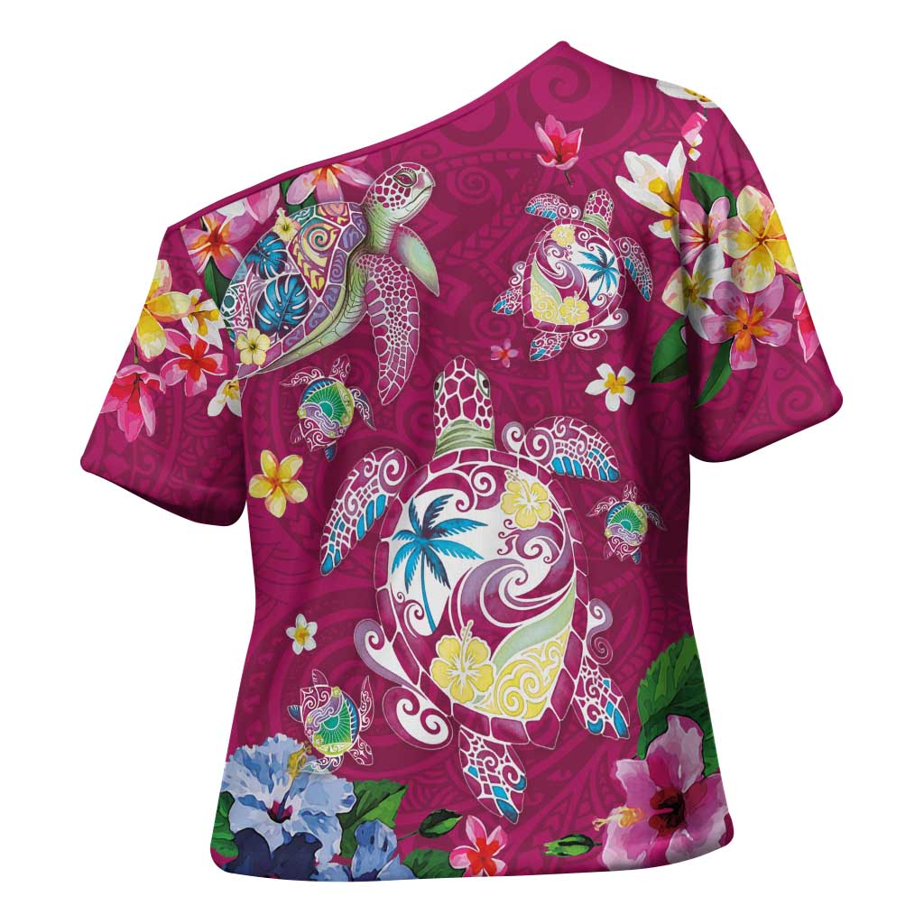 Hawaiian Turtles and Tropical Plants Cross Shoulder Shirt Pink Watercolor