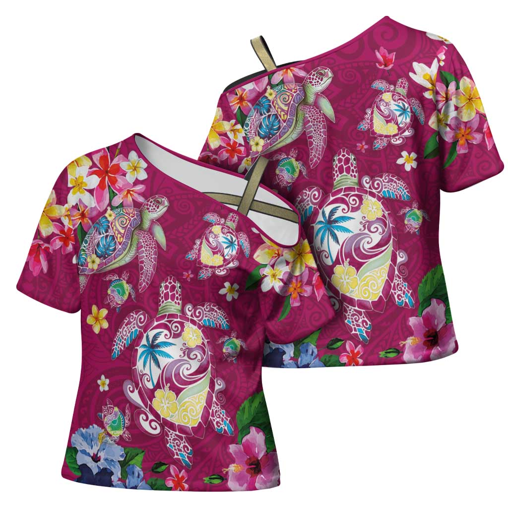 Hawaiian Turtles and Tropical Plants Cross Shoulder Shirt Pink Watercolor