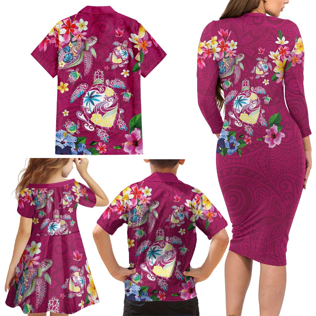 Hawaiian Turtles and Tropical Plants Family Matching Long Sleeve Bodycon Dress and Hawaiian Shirt Pink Watercolor LT03 - Polynesian Pride