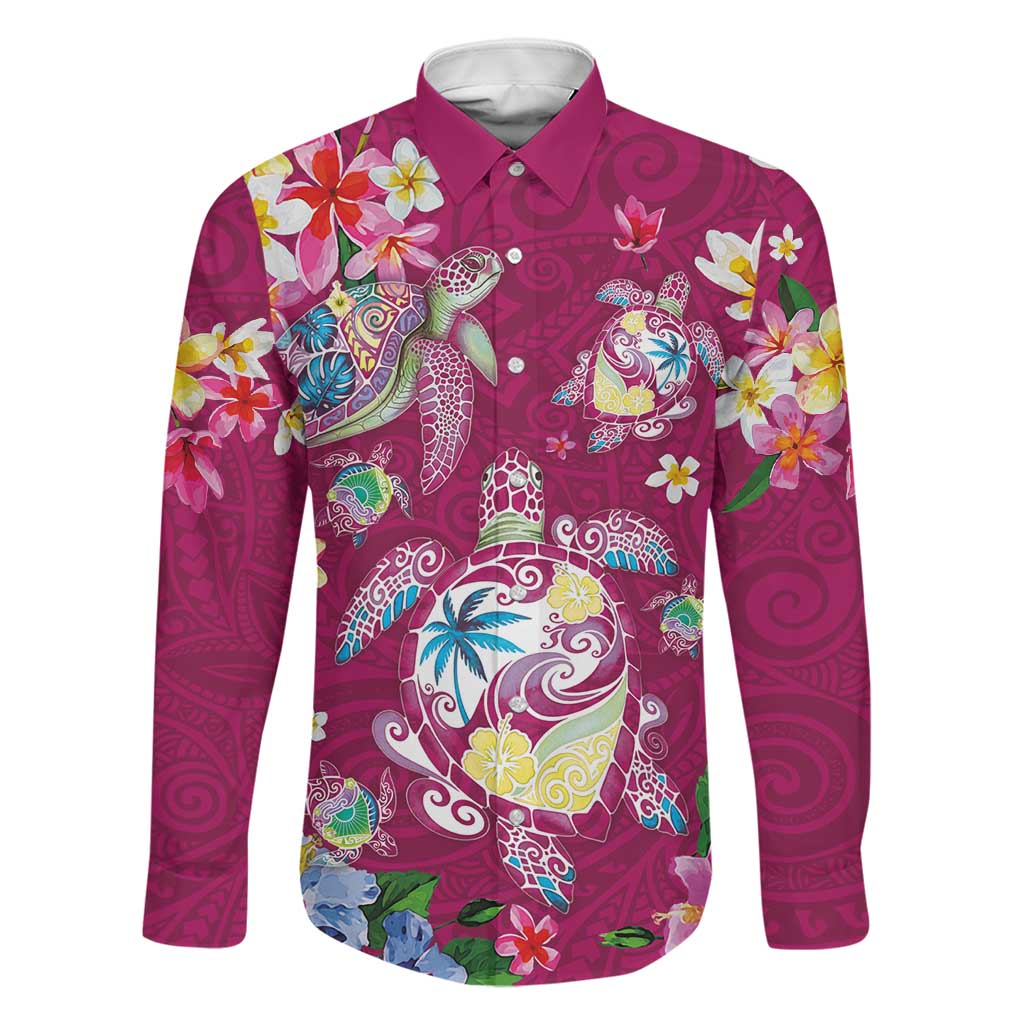 Hawaiian Turtles and Tropical Plants Family Matching Long Sleeve Bodycon Dress and Hawaiian Shirt Pink Watercolor LT03 Dad's Shirt - Long Sleeve Pink - Polynesian Pride