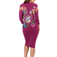 Hawaiian Turtles and Tropical Plants Family Matching Long Sleeve Bodycon Dress and Hawaiian Shirt Pink Watercolor LT03 - Polynesian Pride
