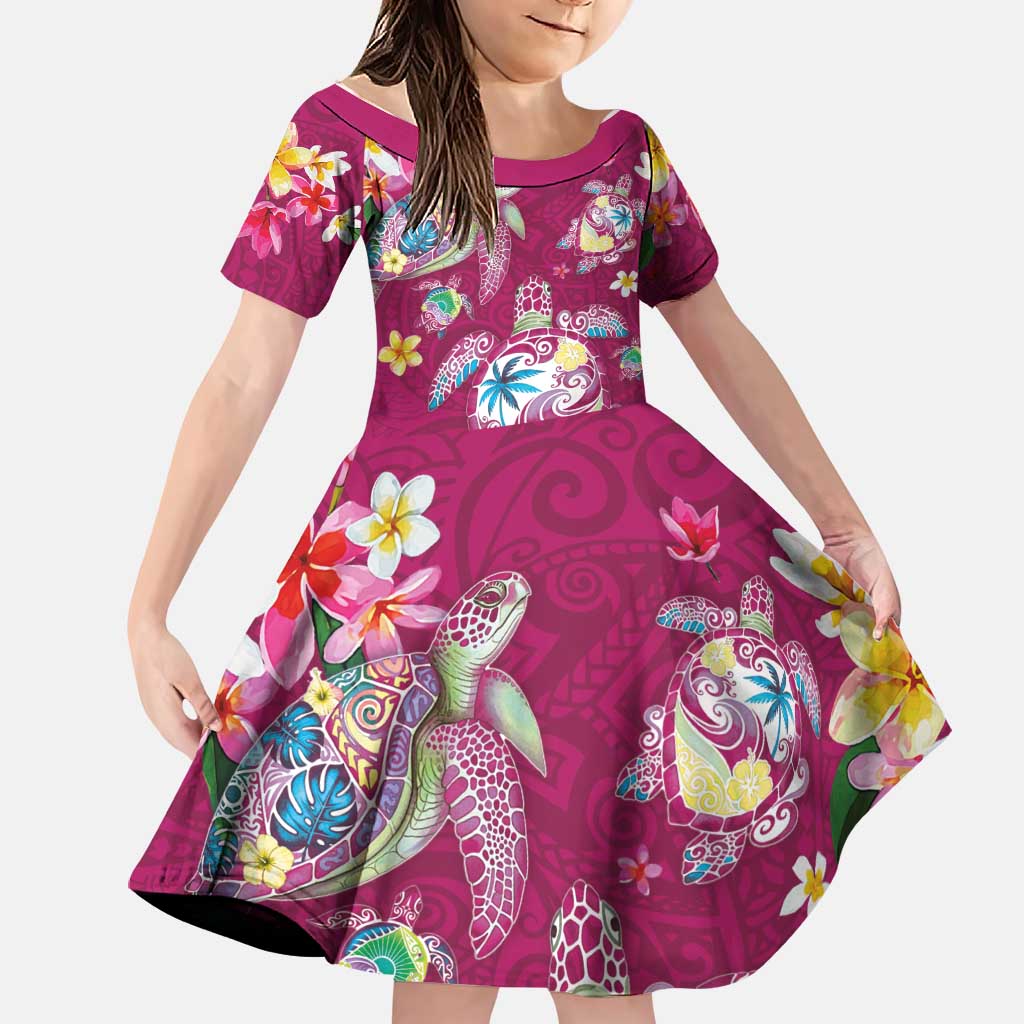 Hawaiian Turtles and Tropical Plants Family Matching Off Shoulder Maxi Dress and Hawaiian Shirt Pink Watercolor LT03 Daughter's Dress Pink - Polynesian Pride