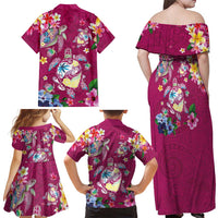 Hawaiian Turtles and Tropical Plants Family Matching Off Shoulder Maxi Dress and Hawaiian Shirt Pink Watercolor LT03 - Polynesian Pride