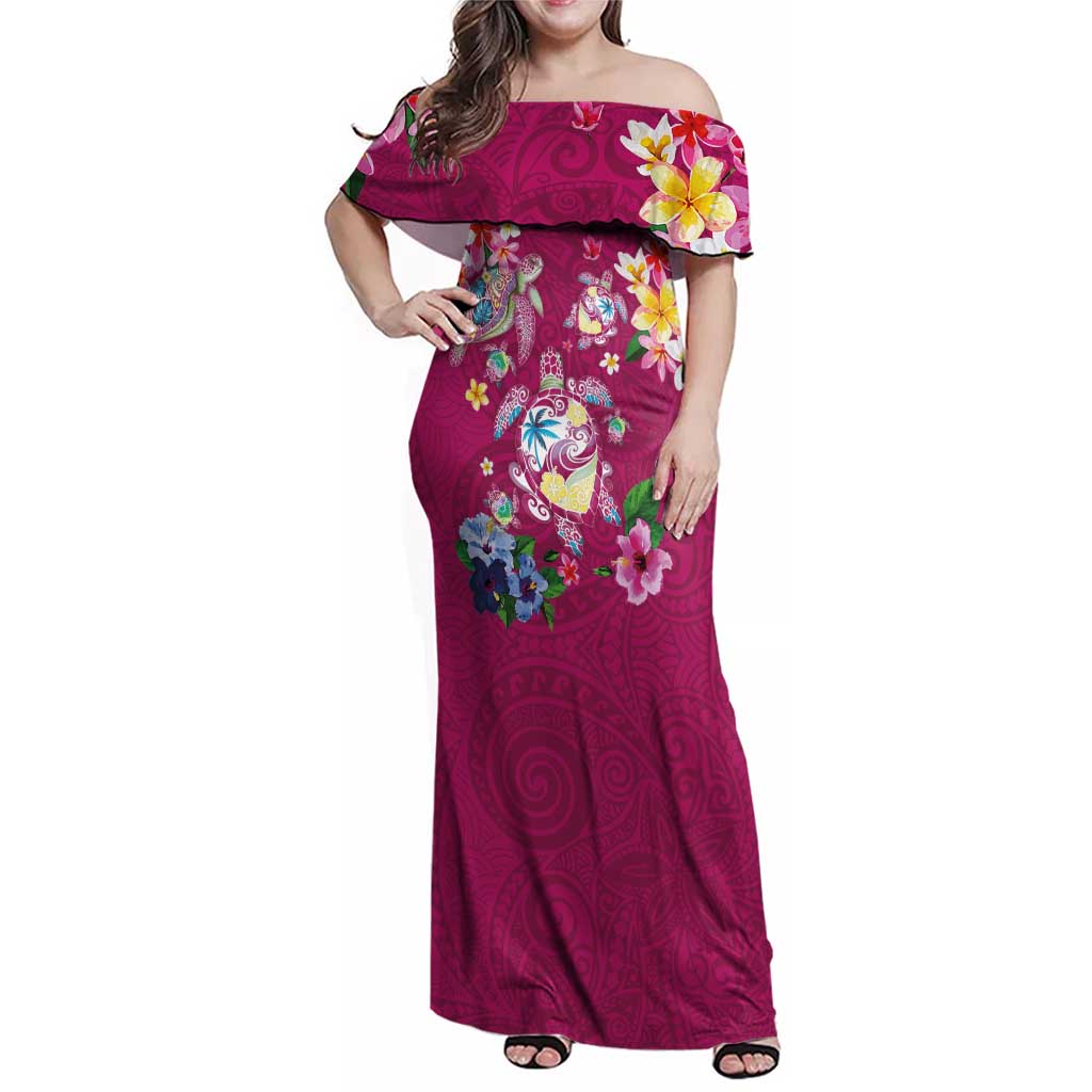 Hawaiian Turtles and Tropical Plants Family Matching Off Shoulder Maxi Dress and Hawaiian Shirt Pink Watercolor LT03 Mom's Dress Pink - Polynesian Pride