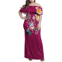 Hawaiian Turtles and Tropical Plants Family Matching Off Shoulder Maxi Dress and Hawaiian Shirt Pink Watercolor LT03 Mom's Dress Pink - Polynesian Pride