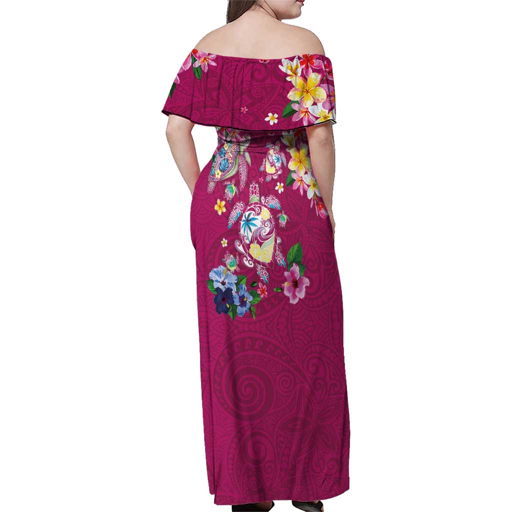 Hawaiian Turtles and Tropical Plants Family Matching Off Shoulder Maxi Dress and Hawaiian Shirt Pink Watercolor LT03 - Polynesian Pride