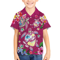 Hawaiian Turtles and Tropical Plants Family Matching Off Shoulder Maxi Dress and Hawaiian Shirt Pink Watercolor LT03 Son's Shirt Pink - Polynesian Pride