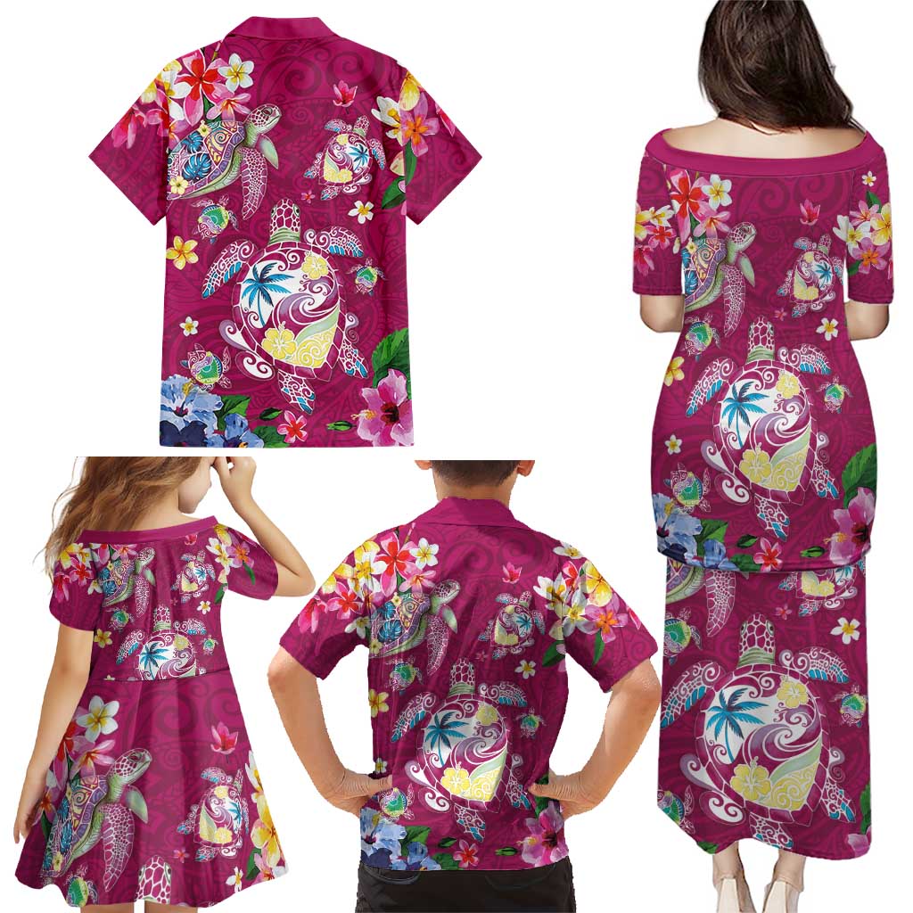 Hawaiian Turtles and Tropical Plants Family Matching Puletasi and Hawaiian Shirt Pink Watercolor LT03 - Polynesian Pride