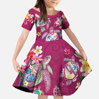 Hawaiian Turtles and Tropical Plants Family Matching Short Sleeve Bodycon Dress and Hawaiian Shirt Pink Watercolor LT03 Daughter's Dress Pink - Polynesian Pride