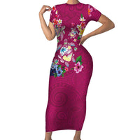 Hawaiian Turtles and Tropical Plants Family Matching Short Sleeve Bodycon Dress and Hawaiian Shirt Pink Watercolor LT03 Mom's Dress Pink - Polynesian Pride