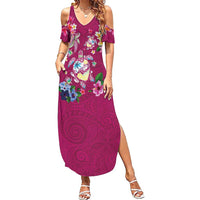 Hawaiian Turtles and Tropical Plants Family Matching Summer Maxi Dress and Hawaiian Shirt Pink Watercolor LT03 Mom's Dress Pink - Polynesian Pride