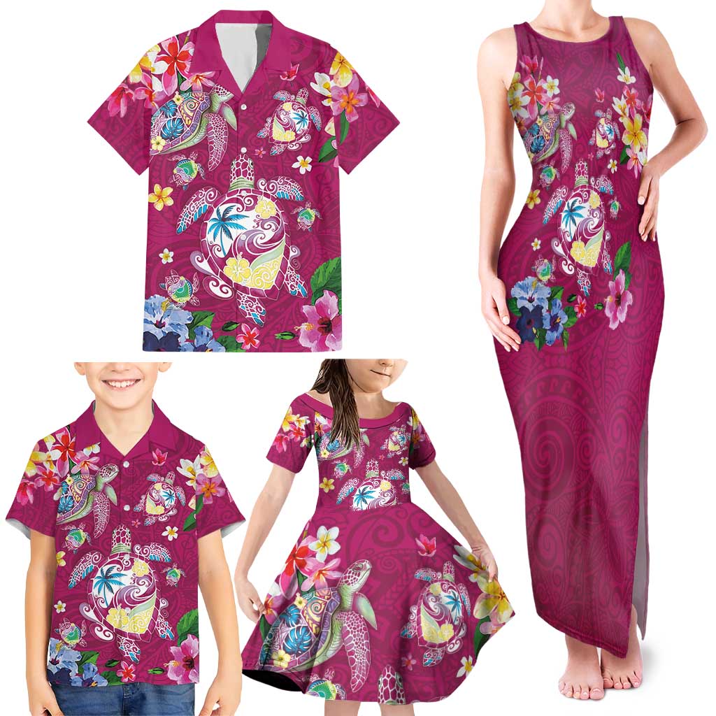 Hawaiian Turtles and Tropical Plants Family Matching Tank Maxi Dress and Hawaiian Shirt Pink Watercolor