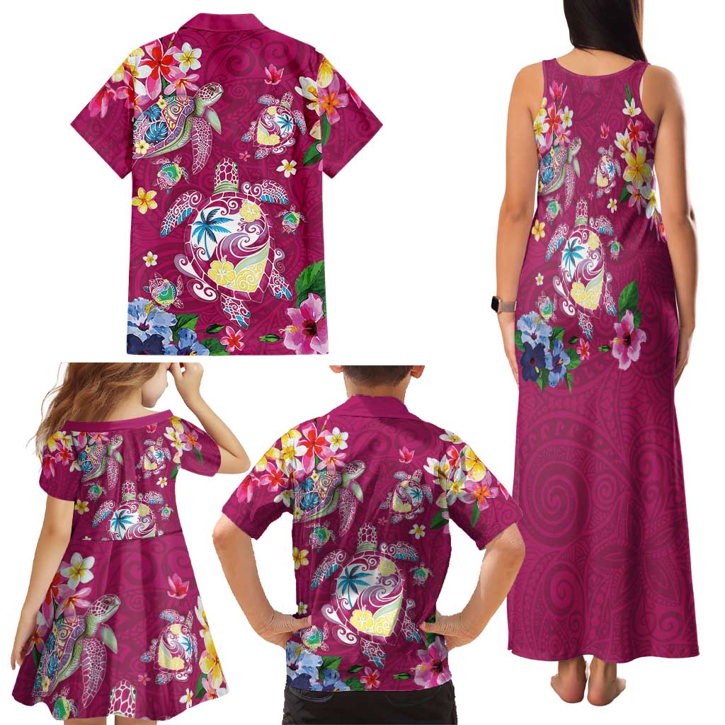 Hawaiian Turtles and Tropical Plants Family Matching Tank Maxi Dress and Hawaiian Shirt Pink Watercolor LT03 - Polynesian Pride