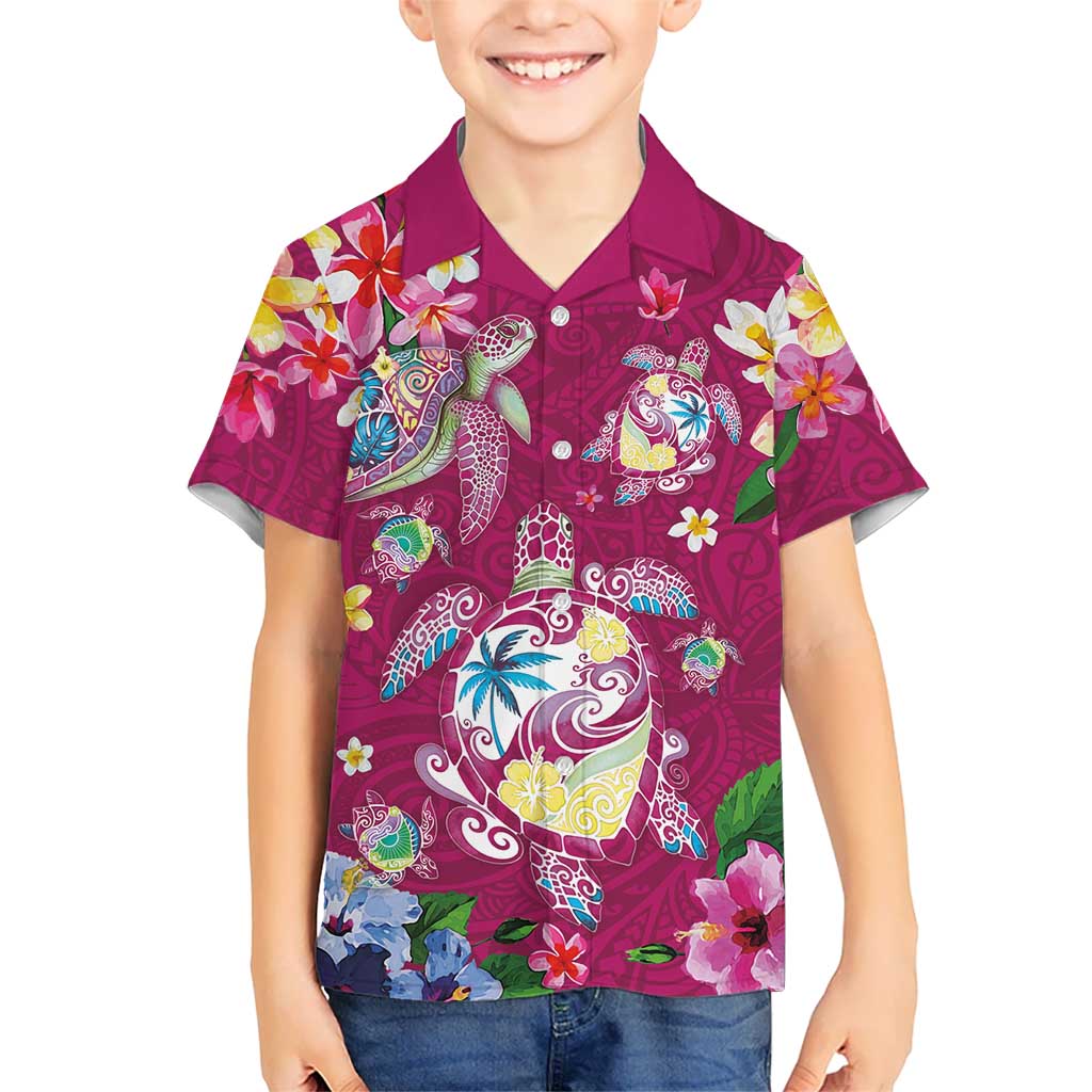 Hawaiian Turtles and Tropical Plants Family Matching Tank Maxi Dress and Hawaiian Shirt Pink Watercolor LT03 Son's Shirt Pink - Polynesian Pride