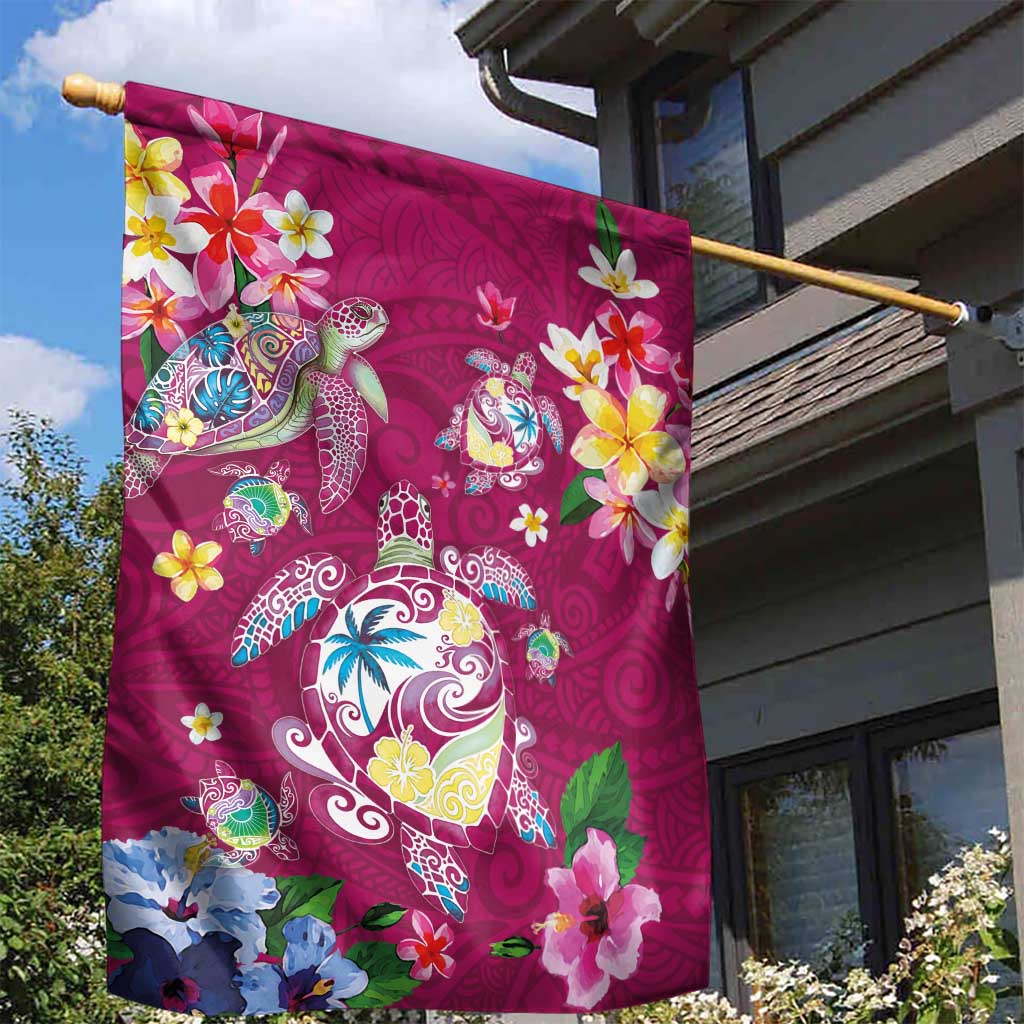 Hawaiian Turtles and Tropical Plants Garden Flag Pink Watercolor