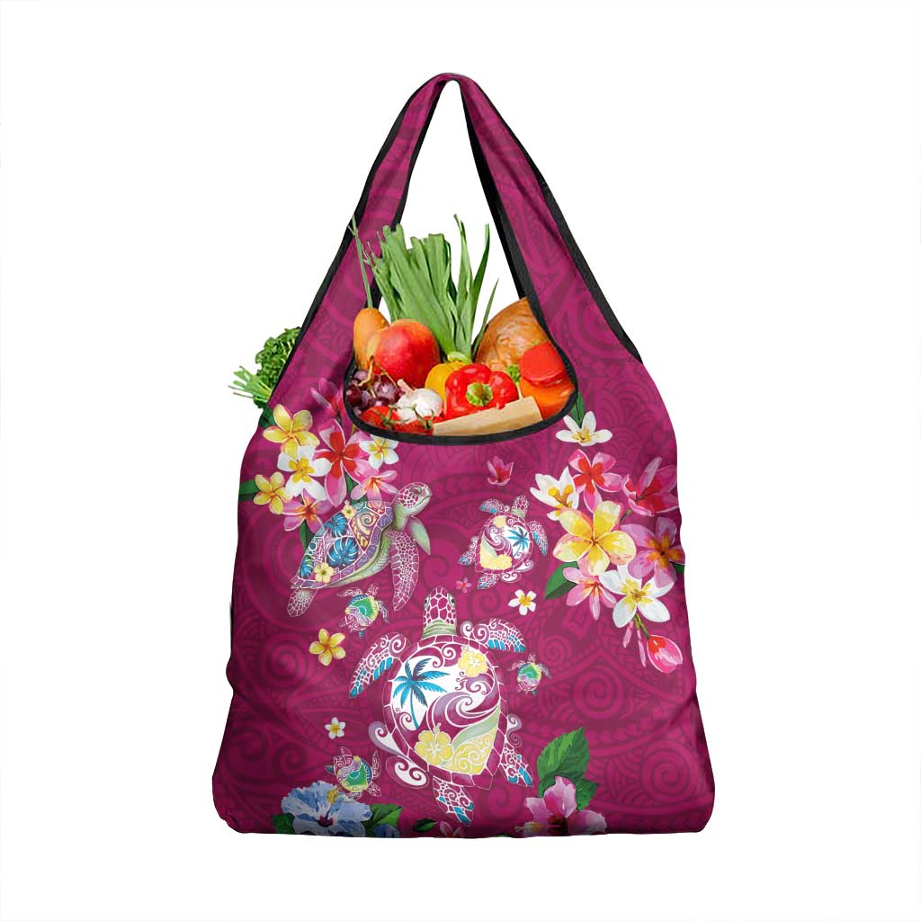 Hawaiian Turtles and Tropical Plants Grocery Bag Pink Watercolor