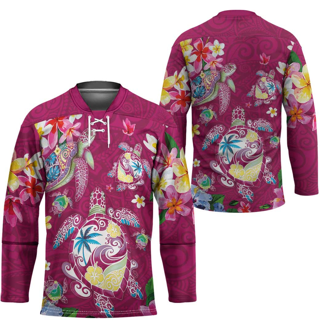 Hawaiian Turtles and Tropical Plants Hockey Jersey Pink Watercolor