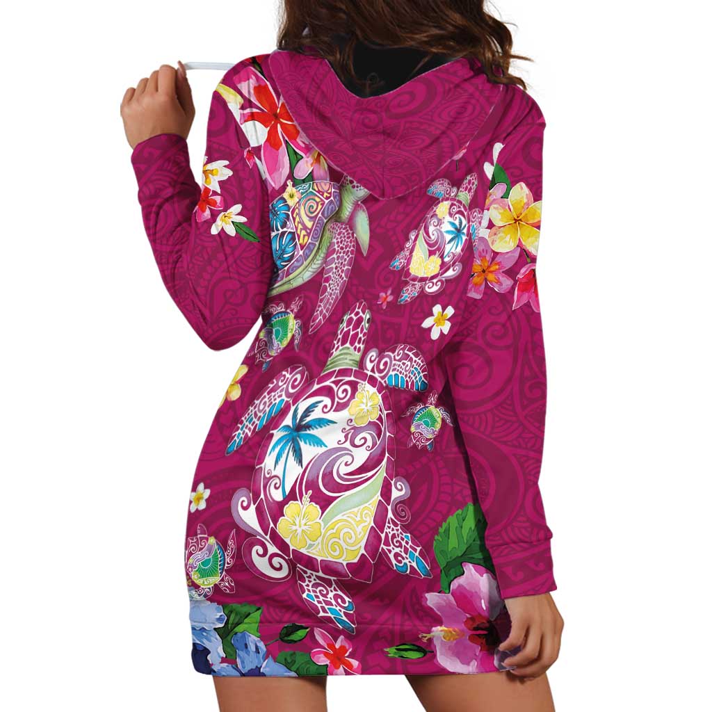 Hawaiian Turtles and Tropical Plants Hoodie Dress Pink Watercolor