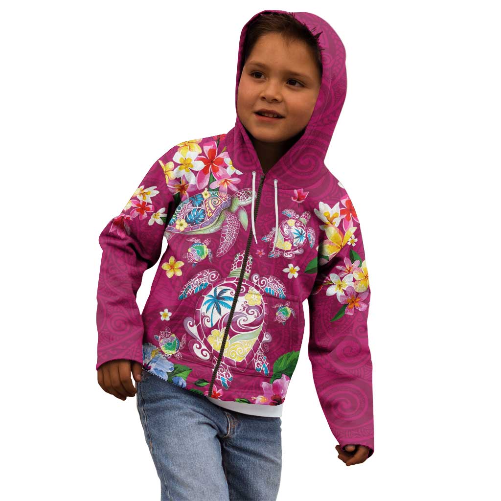 Hawaiian Turtles and Tropical Plants Kid Hoodie Pink Watercolor