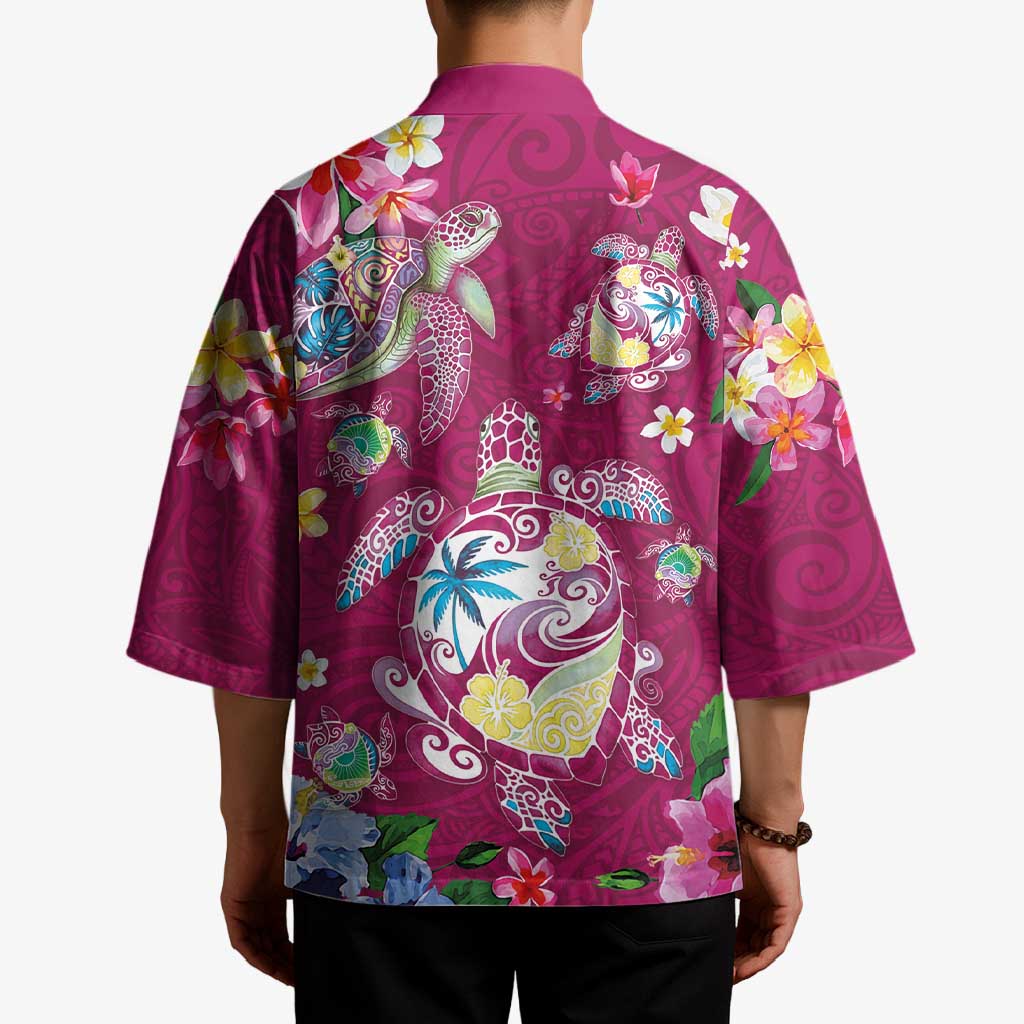 Hawaiian Turtles and Tropical Plants Kimono Pink Watercolor