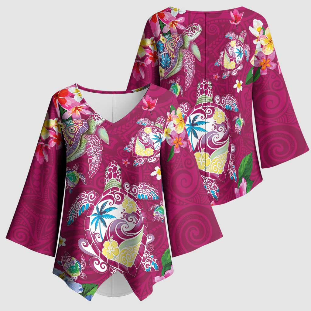Hawaiian Turtles and Tropical Plants Kimono Sleeve Blouse Pink Watercolor