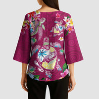 Hawaiian Turtles and Tropical Plants Kimono Sleeve Blouse Pink Watercolor