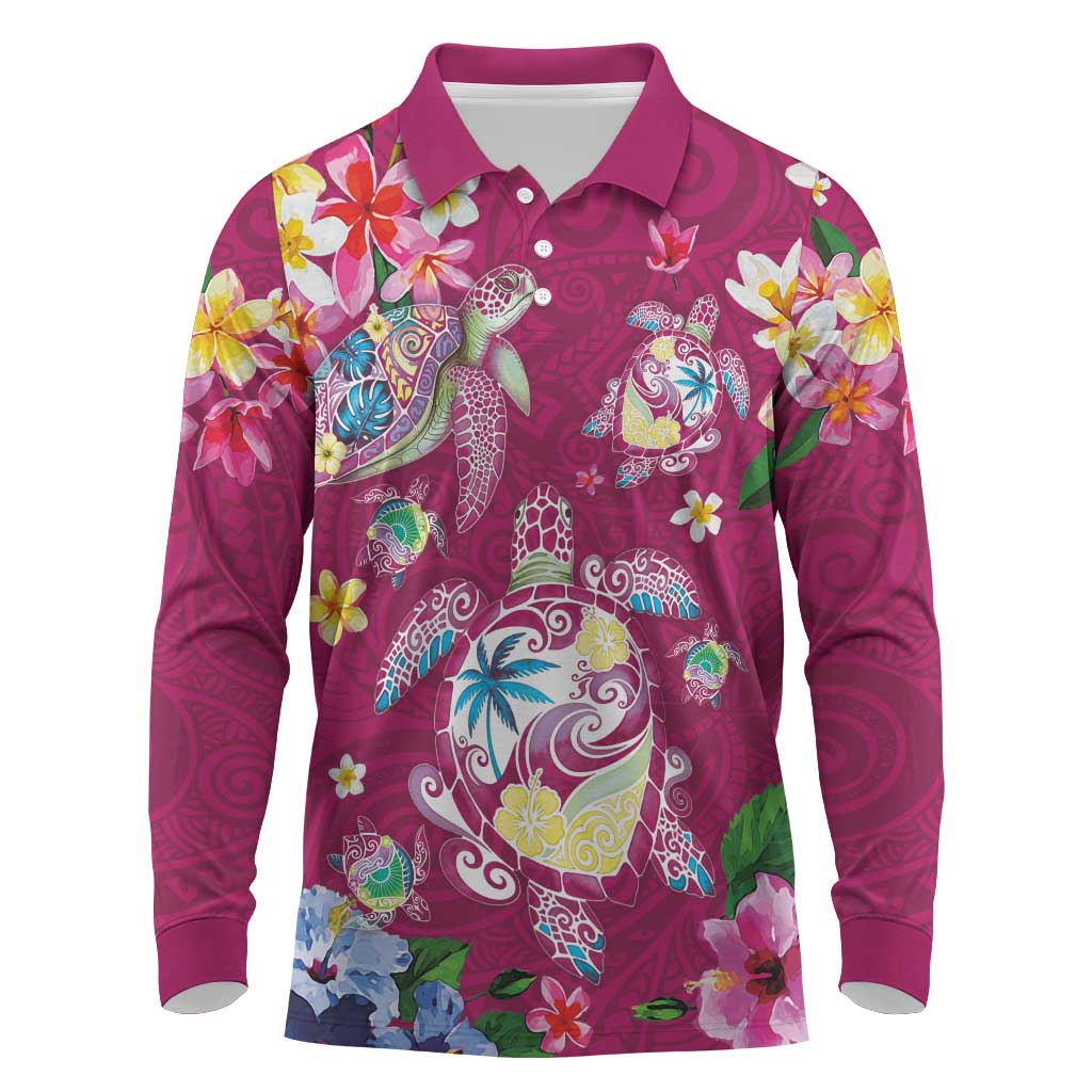 Hawaiian Turtles and Tropical Plants Long Sleeve Polo Shirt Pink Watercolor