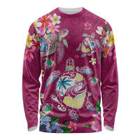 Hawaiian Turtles and Tropical Plants Long Sleeve Shirt Pink Watercolor